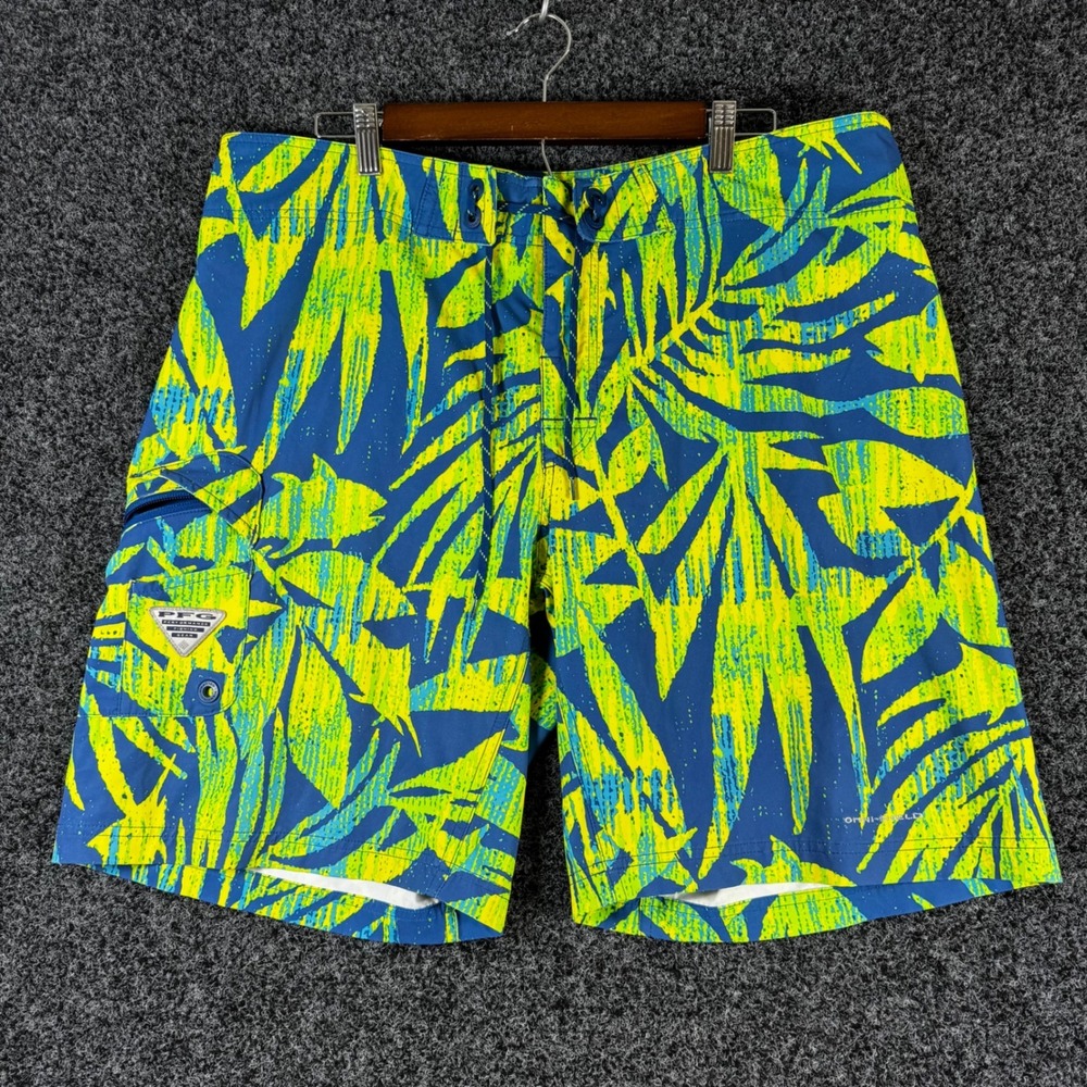 Columbia PFG Mens Board Shorts 38 Blue Green Tropical Palm Omni-Shield Fishing
